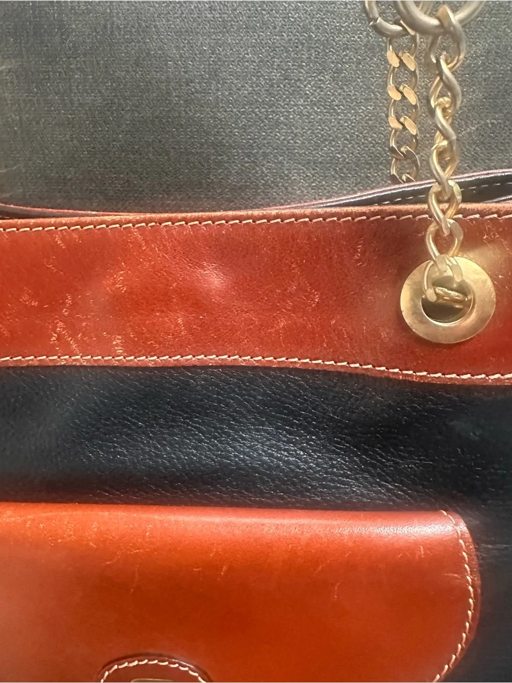 Bally Black and Brown Leather Messenger Tote with Gold Chain